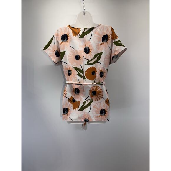 Ann Taylor Pink Floral Short Sleeve Back Zip Tied Waist Blouse Women’s Size Med - Picture 2 of 8
